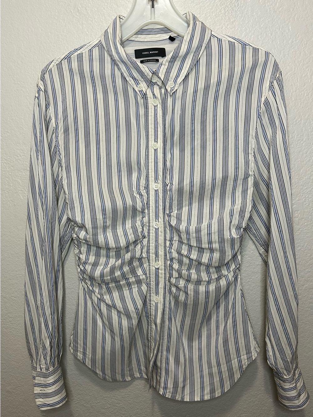 Isabel Marant Verona Striped Silk Blend Shirt FR 40 Gathered Waist Designer